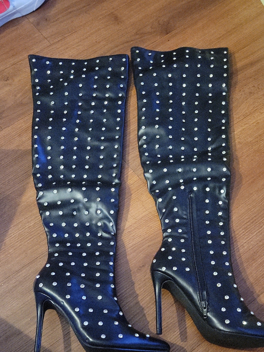 Black Studded Over-the-Knee High Heel Boots